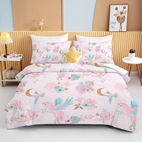 BEDMUST Unicorn Comforter Set King - Soft Cute Pink Unicorn Bedding Set with Flowers Leaves and Blue Birds Print Pattern 3 Piece Unicorn Bed Set for Teen Women Aldults (King, Gold Moon)